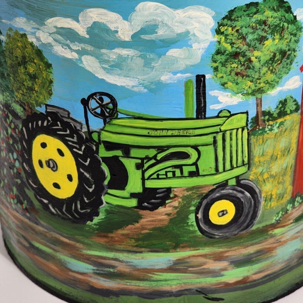 Hand Painted Vintage Metal Oil Can Farm Scene John Deere Tractor Route 66 Art - Picture 7 of 12